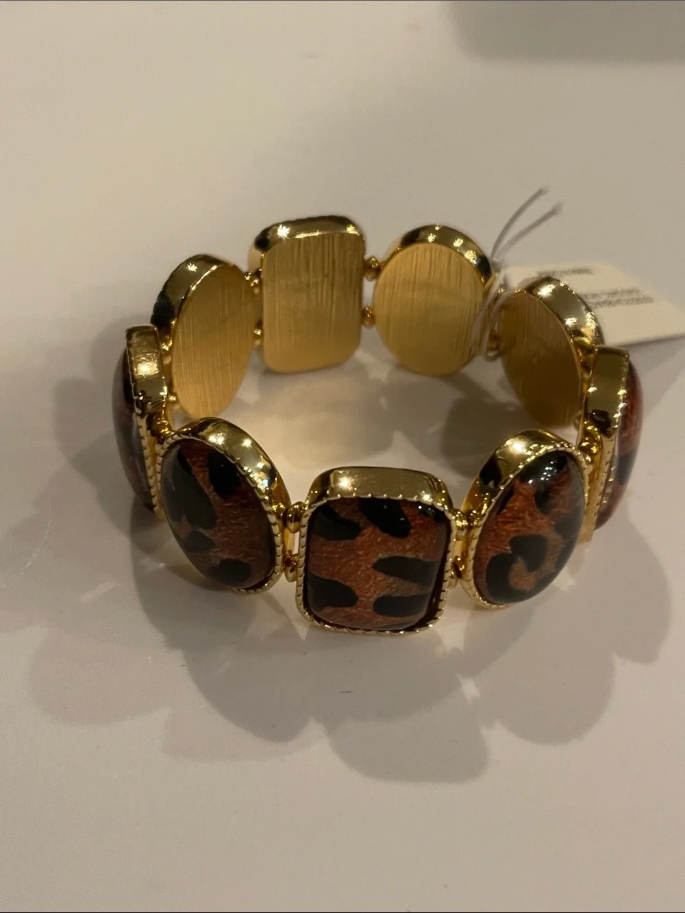 Gold-Tone Bracelet with Brown Leopard-Print Accents - stretchy bracelet